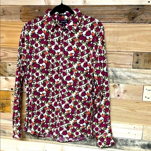 Lands' End size 12 Pink Floral Print No Iron Supima Button Down Shirt - Picture 1 of 7